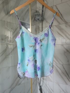 Floral Lace-Trim Camisole in Aqua with Purple Floral Print